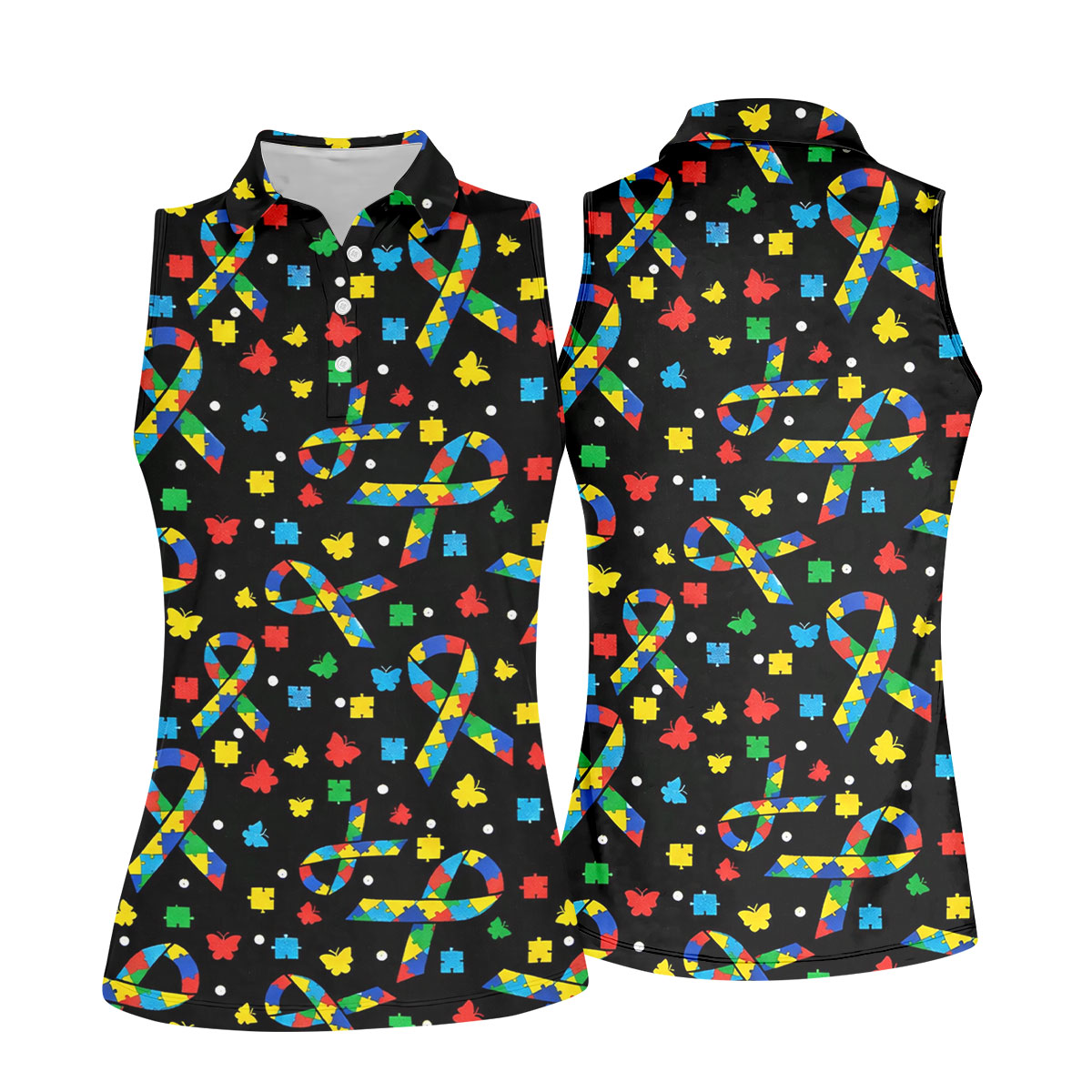 Autism Awareness Ribbon Colorful Butterflies Black Golf Shirt, Golf Shirt For Women, Ladies Golf Shirts
