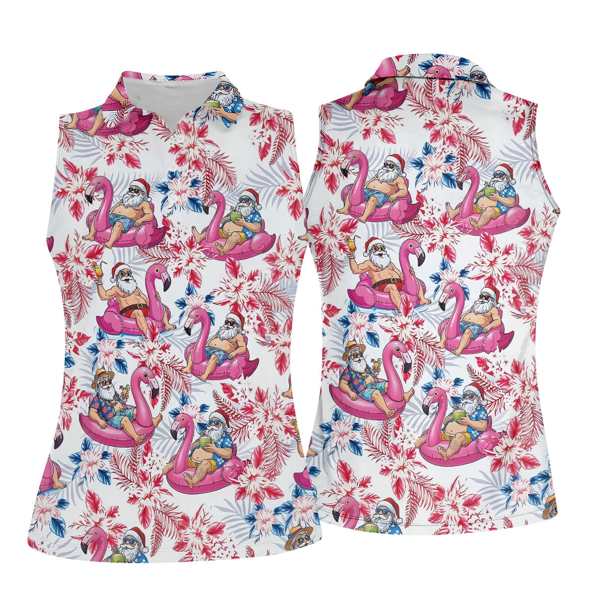 Funny Tropical Santa Flamingo Christmas Polo Shirt, Womens Golf Polo, Hawaiian Golf Shirt