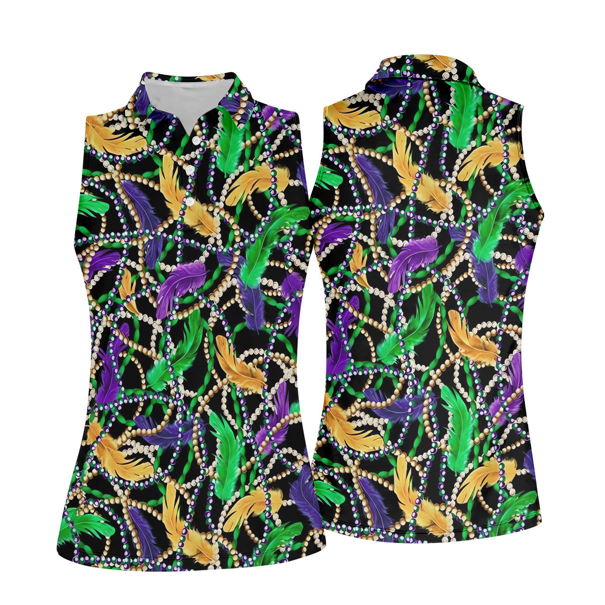 Purple Green Gold Feather Beads Mardi Gras Golf Shirt, Women's Golf Tops, Ladies Golf Polos