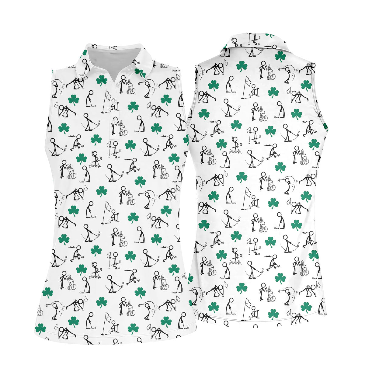 Stick Figure Golf Pose St Patrick's Day Shamrock White Golf Shirt, Women's Golf Tops, Ladies Golf Polos