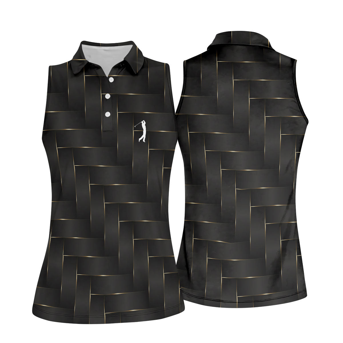 Black And Gold Geometric 3D Pattern Women's Golf Tops, Golf Shirt For Women, Ladies Golf Shirts