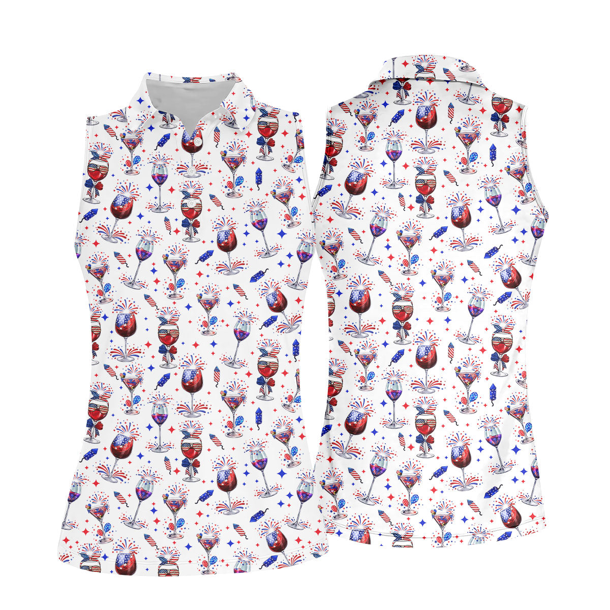 Wine And Martini American Flag Pattern Patriotic 4th Of July White Golf Shirt, 250th Anniversary Women's Golf Tops