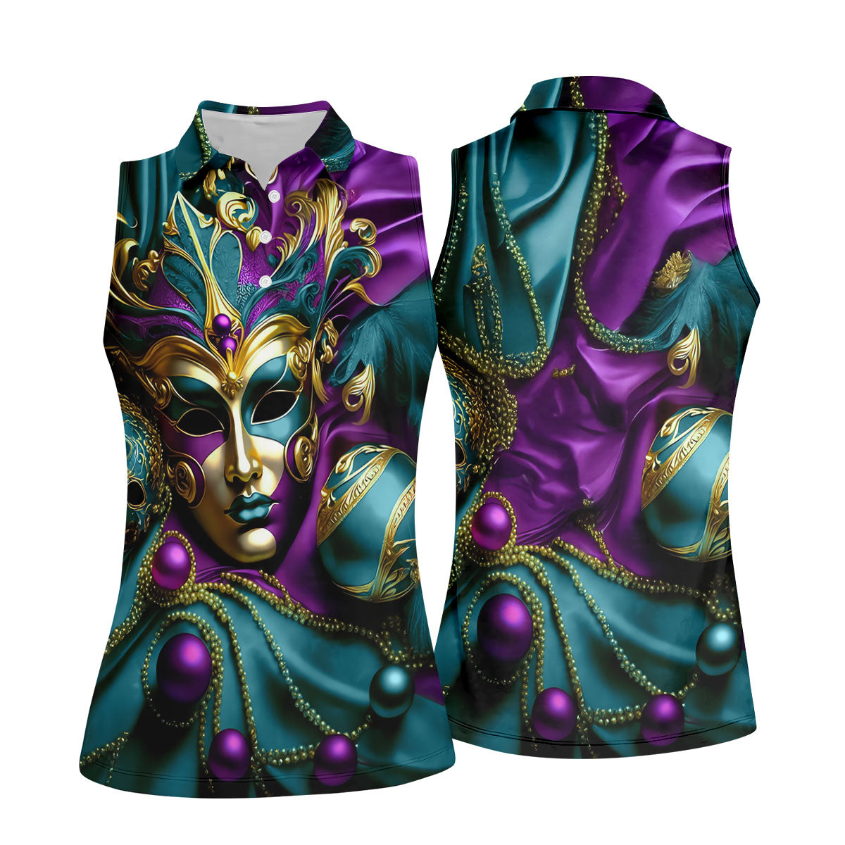 Mardi Gras Face Mask Turquoise Golf Shirt, Women's Golf Tops, Ladies Golf Polos, Women's Polo Shirt