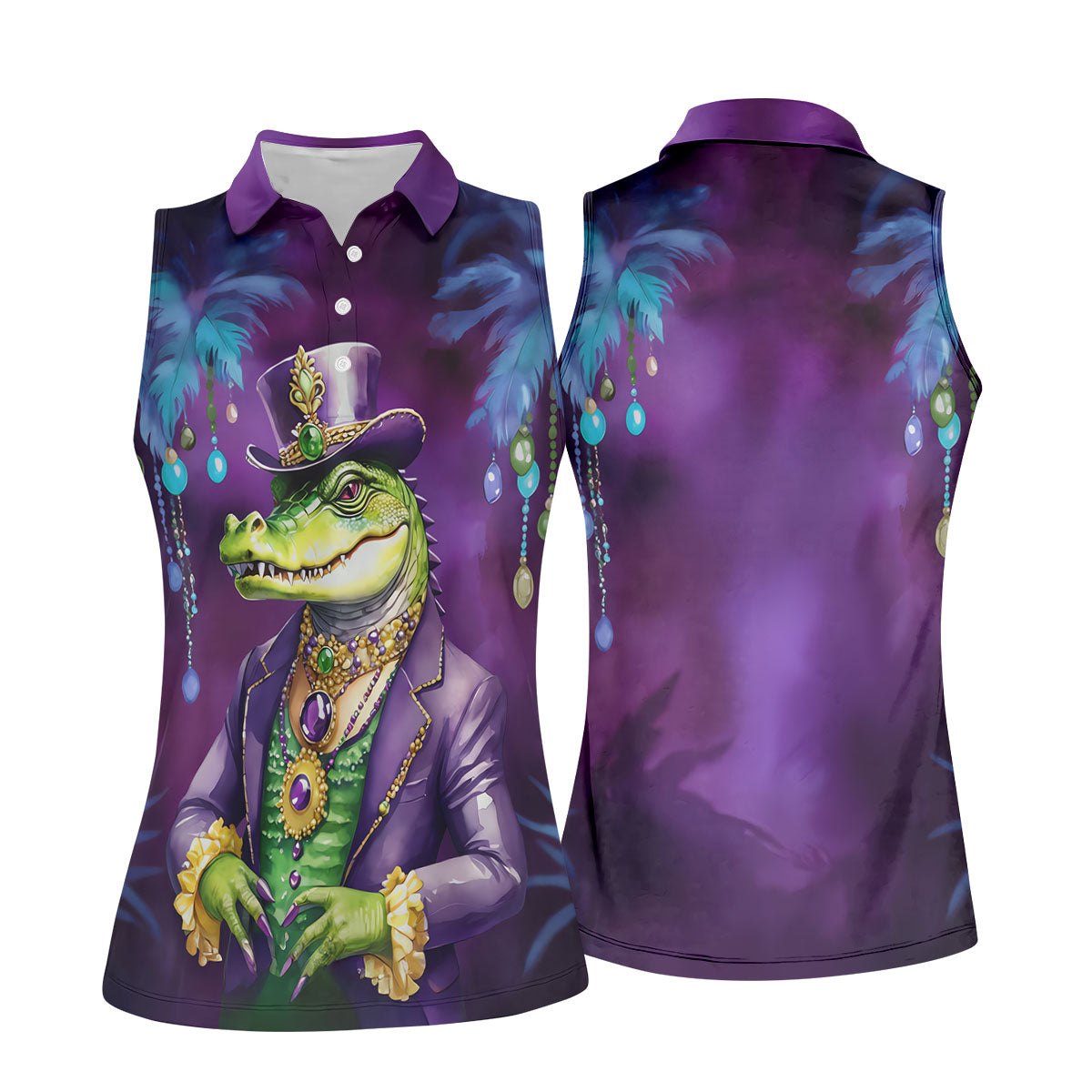 Mardi Gras Alligator Purple Golf Shirt, Fun Women's Golf Shirts, Women's Golf Tops, Ladies Golf Polos