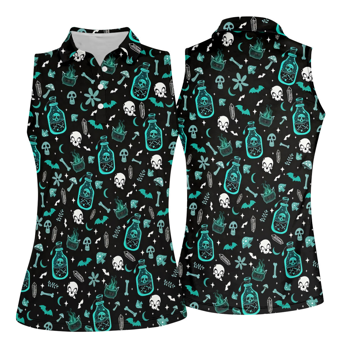 Skull Potion Halloween Pattern Polo Shirt, Golf Tops For Women, Womens Golf Apparel