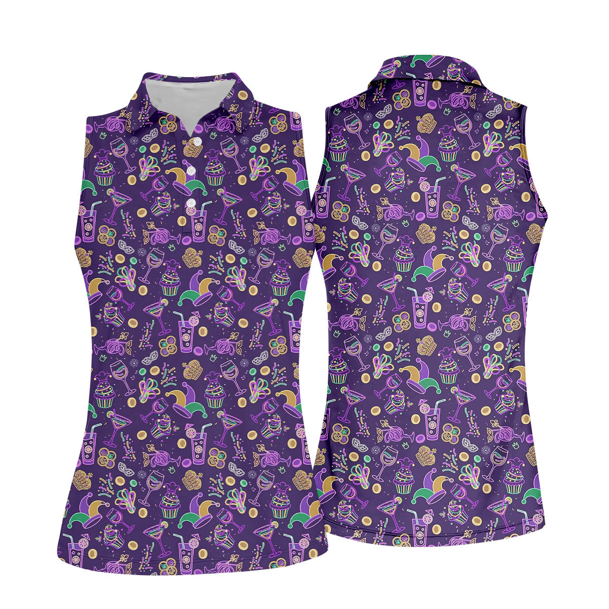 Mardi Gras Food Green Gold Purple Women's Golf Tops, Women's Golf Shirts, Ladies Golf Polos