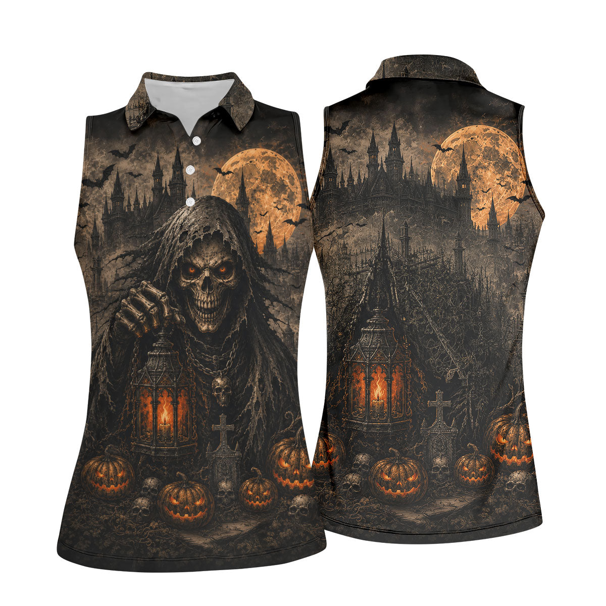 Grim Reaper Lantern Halloween Horror Character Polo Shirt, Women's Golf Tops, Womens Golf Tops
