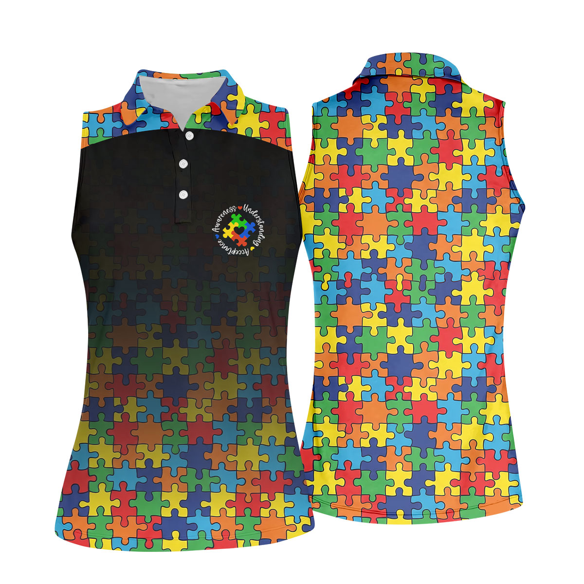 Acceptance Awareness Understanding Autism Awareness Puzzle Pattern Black Fade Women's Golf Tops
