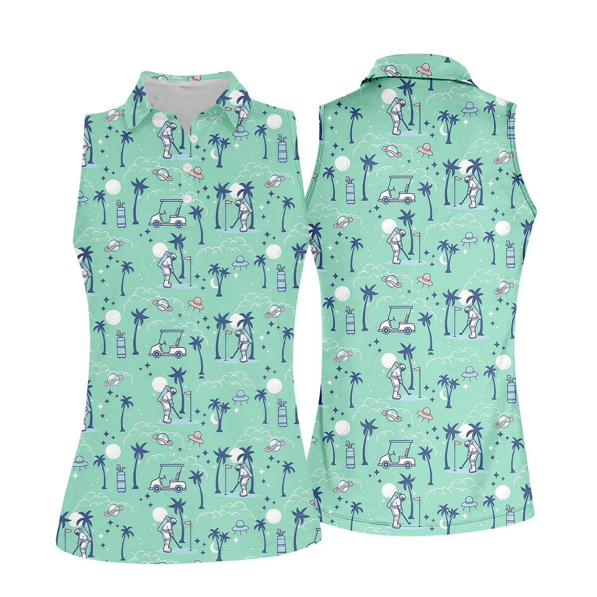 Astronaut Golfing Space Themed Tropical Golf Shirt, Women's Golf Tops, Ladies Golf Shirt