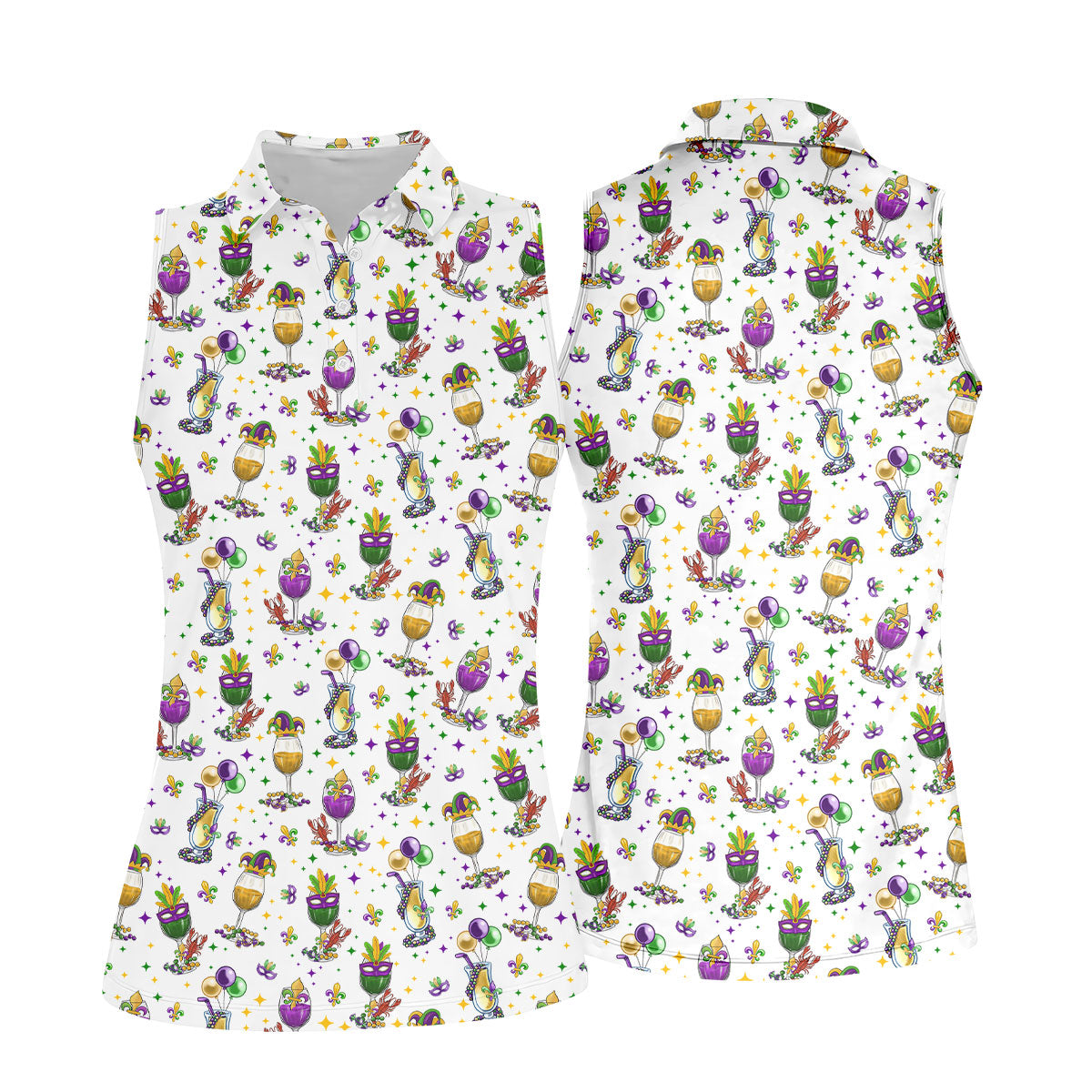 Mardi Gras Wine Glass Beaded Garland Fleur De Lis White Golf Shirt, Women's Golf Tops, Ladies Golf Polos
