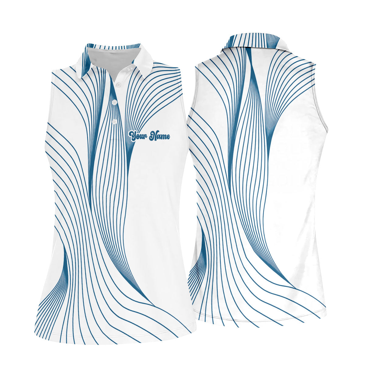 Geometric Line Wavy Line Blue And White Custom Name Women's Golf Tops, Ladies Golf Shirts, Women's Polo Shirt