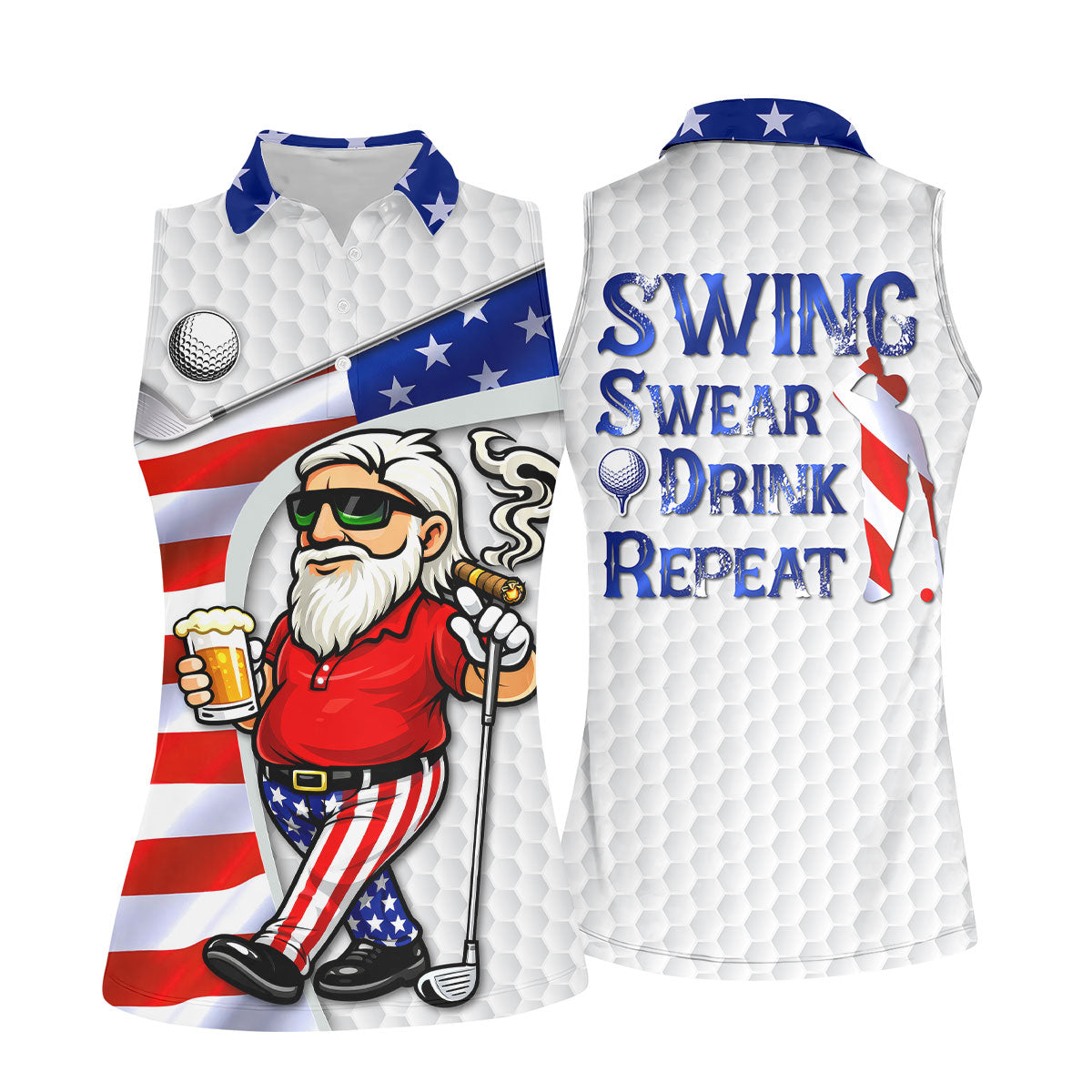 Swing Swear Drink Repeat Golf And Beer Patriotic Man 4th Of July White Golf Shirt, 250 Years Women's Golf Tops