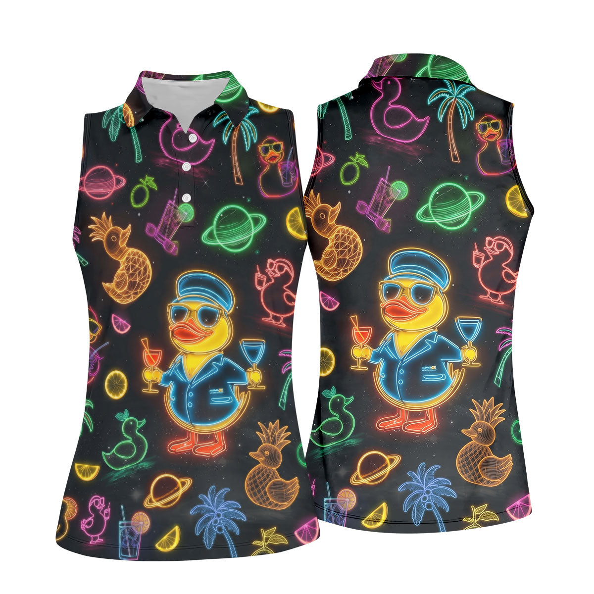 Jet Black Neon Duck Tropical Pattern Golf Shirt, Women's Golf Shirt, Hawaiian Golf Shirt, Golf Polo For Women