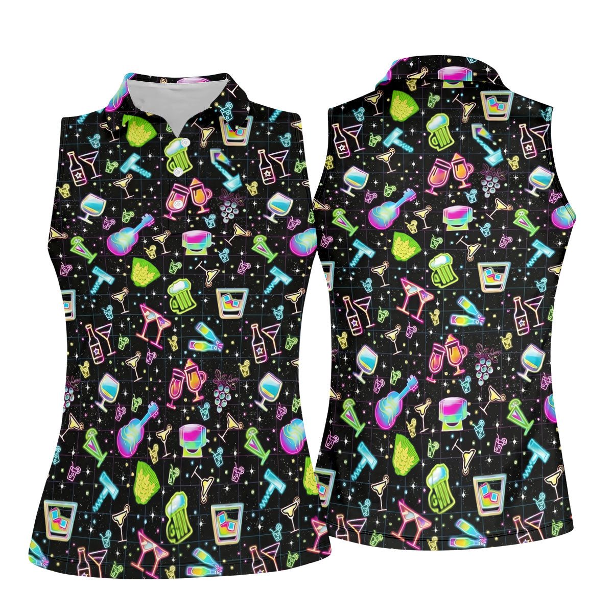 Neon Cocktail Party Pattern Golf Shirt, Women's Golf Shirt, Hawaiian Golf Shirt