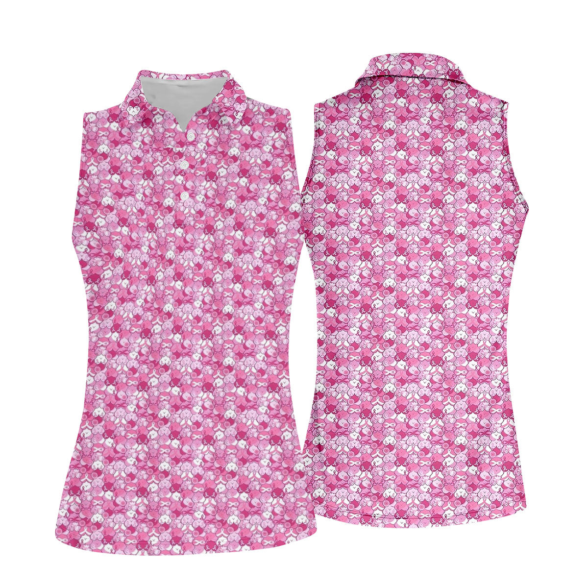 Pink Breast Cancer Hearts And Ribbons Polo Shirt, Golf Tops For Women, Women’s Golf Polo