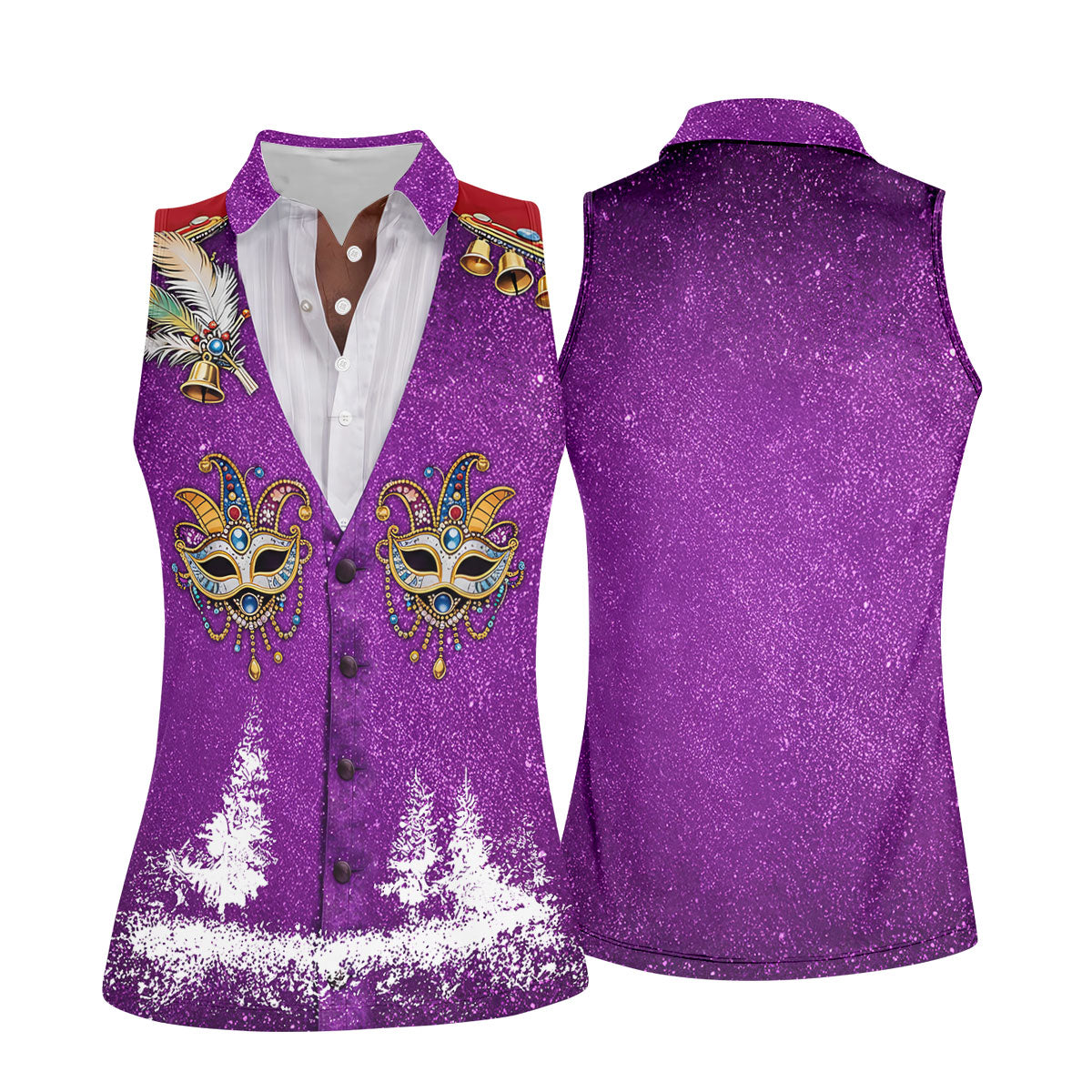 Masquerade Mask Feather Mardi Gras Glitter Print Purple Golf Shirt, Women's Golf Tops, Ladies Golf Shirts