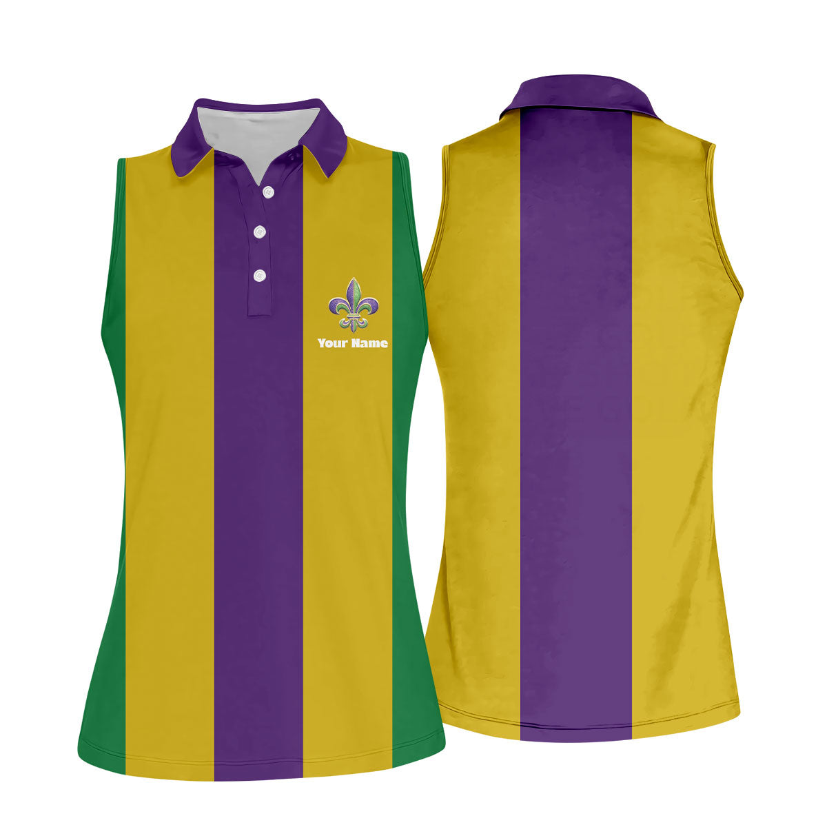 Vertical Stripes Purple Green Gold Mardi Gras Golf Shirt, Women's Golf Shirts, Ladies Golf Polos