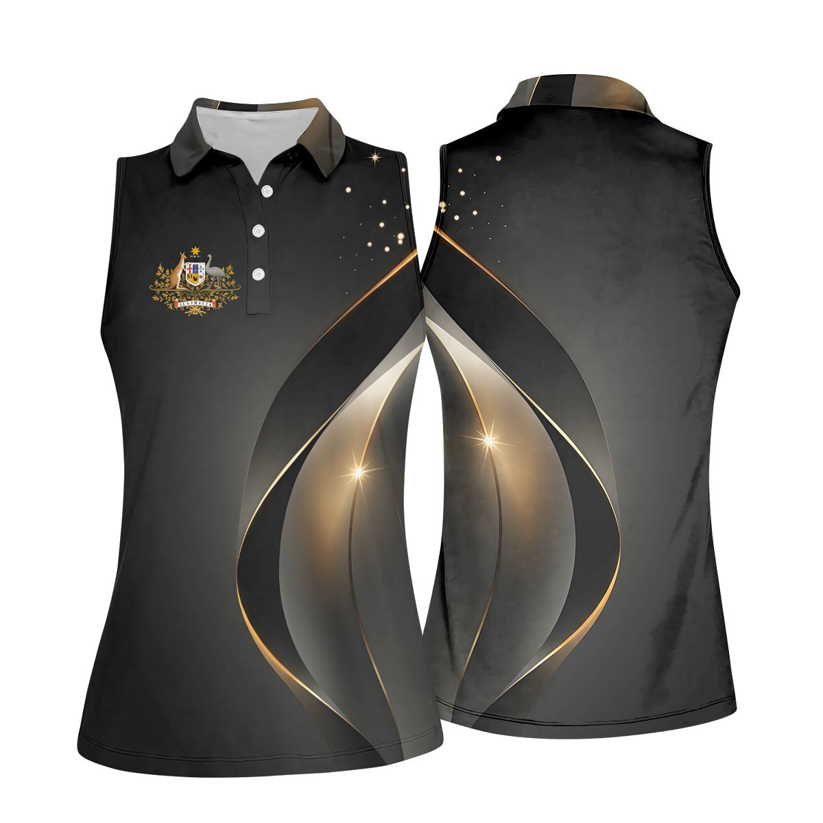 Australian Coat Of Arms Black And Gold Gradient Ladies Golf Tops, Golf Shirt For Women