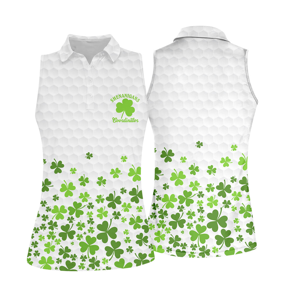 Shenanigans Coordinator Golf Ball Pattern St Patrick Day White Golf Shirt, Women's Golf Tops, Ladies Golf Polos