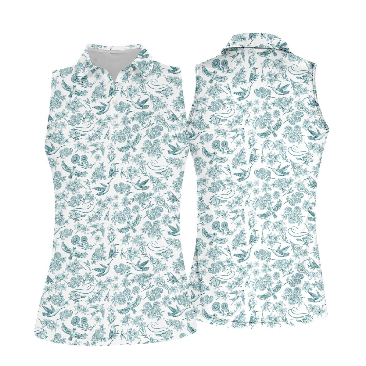 Custom Name Toile de Jouy Birds And Flowers Teal And White Women Golf Top, Ladies Golf Polos