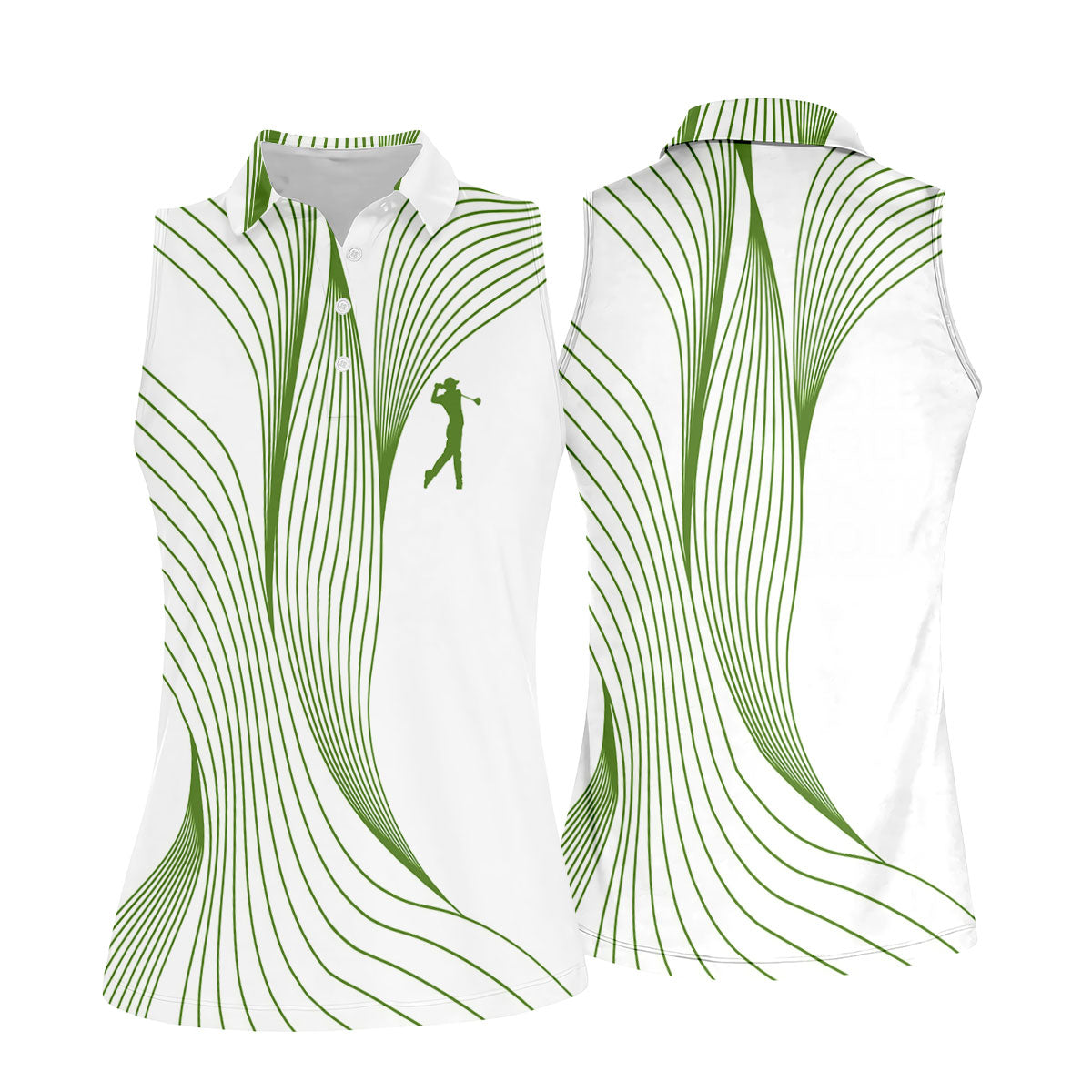 Geometric Line Wavy Line Green And White Women's Golf Tops, Ladies Golf Shirts, Women's Polo Shirt