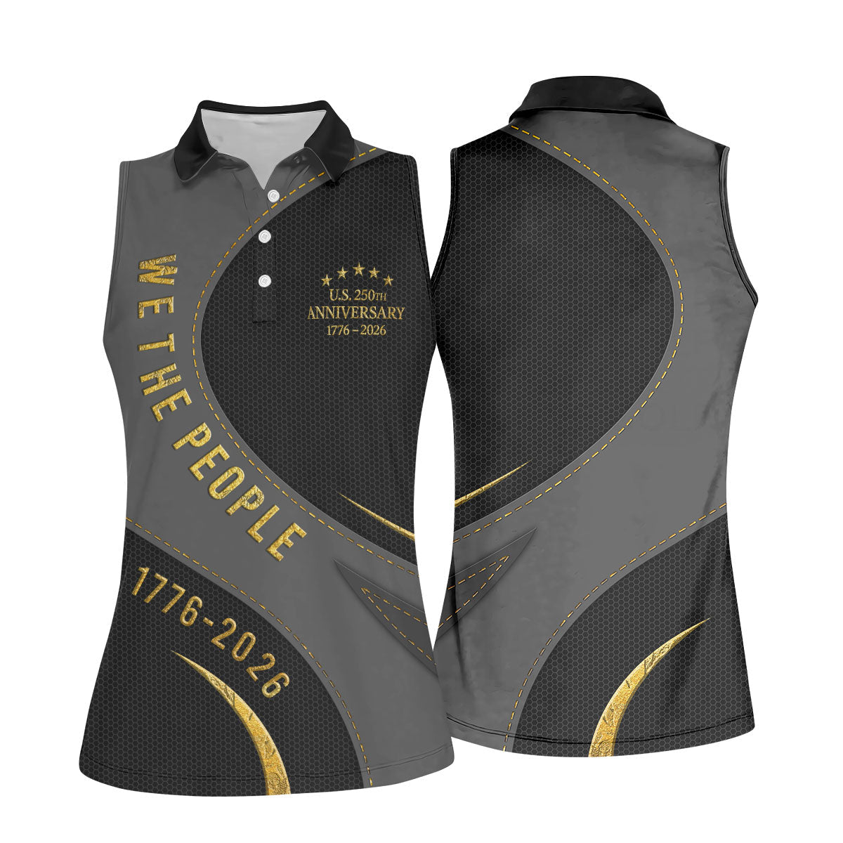 We The People US 250th Anniversary Black And Gold Patriotic Golf Shirt, 4th Of July Golf Shirt For Women