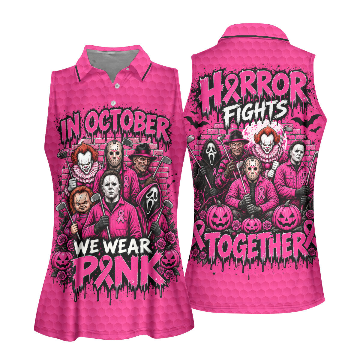 Horror Fights Together Pink Ribbon Polo Shirt, Golf Tops For Women, Women’s Golf Apparel