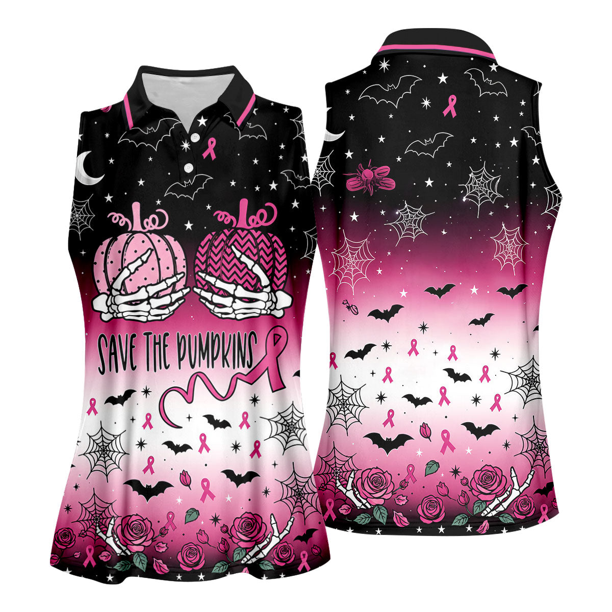 Save The Pumpkins Halloween Breast Cancer Polo Shirt, Womens Golf Tops, Women’s Golf Polo