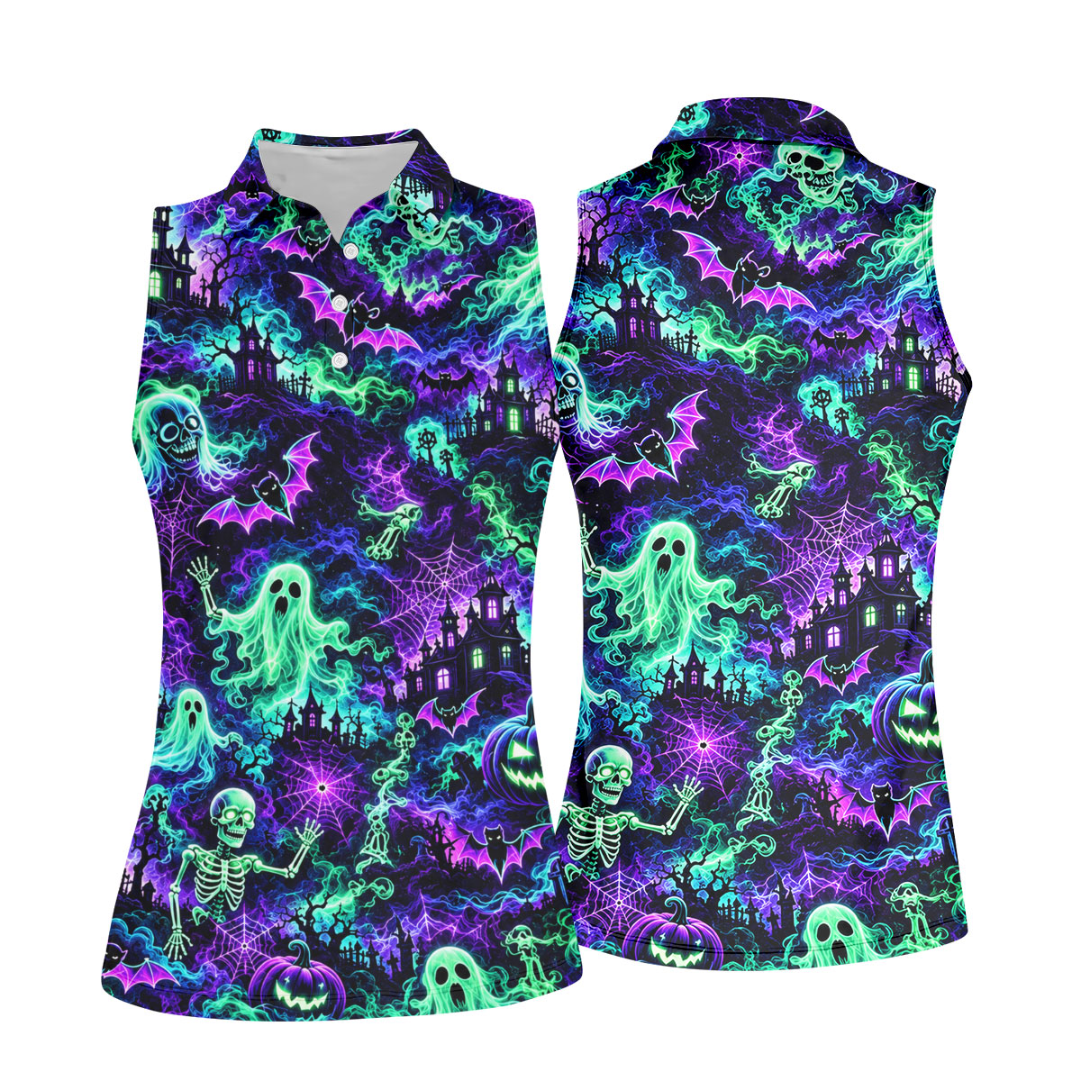 Neon Ghost Skeleton Halloween Horror Character Polo Shirt, Golf Shirt, Womens Golf Apparel