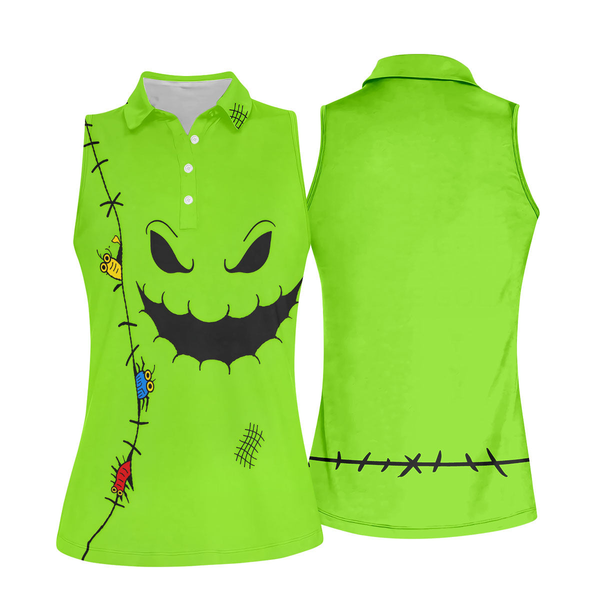 Halloween Monster Face Sleeveless Golf Polo Shirt, Women's Golf Tops, Golf Tops For Women