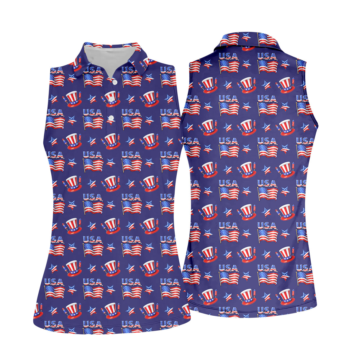 Waving Flags Uncle Sam Hats Seamless Pattern 250th Anniversary Golf Shirt For Women, Patriotic Golf Shirt