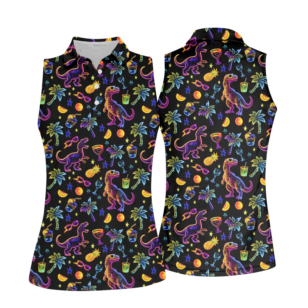 Neon Dinosaur Tropical Theme Hawaiian Golf Shirt, Golf Shirt For Women, Golfing Apparel