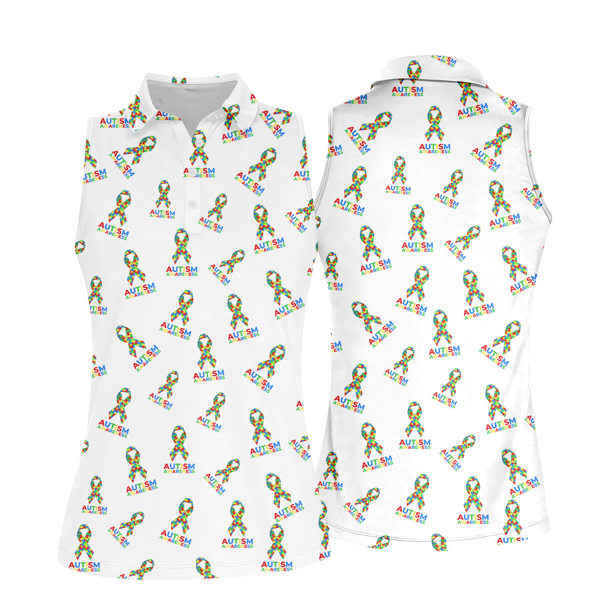 Autism Awareness Colors Autism Ribbon White Golf Shirt, Women's Golf Tops, Ladies Golf Polos