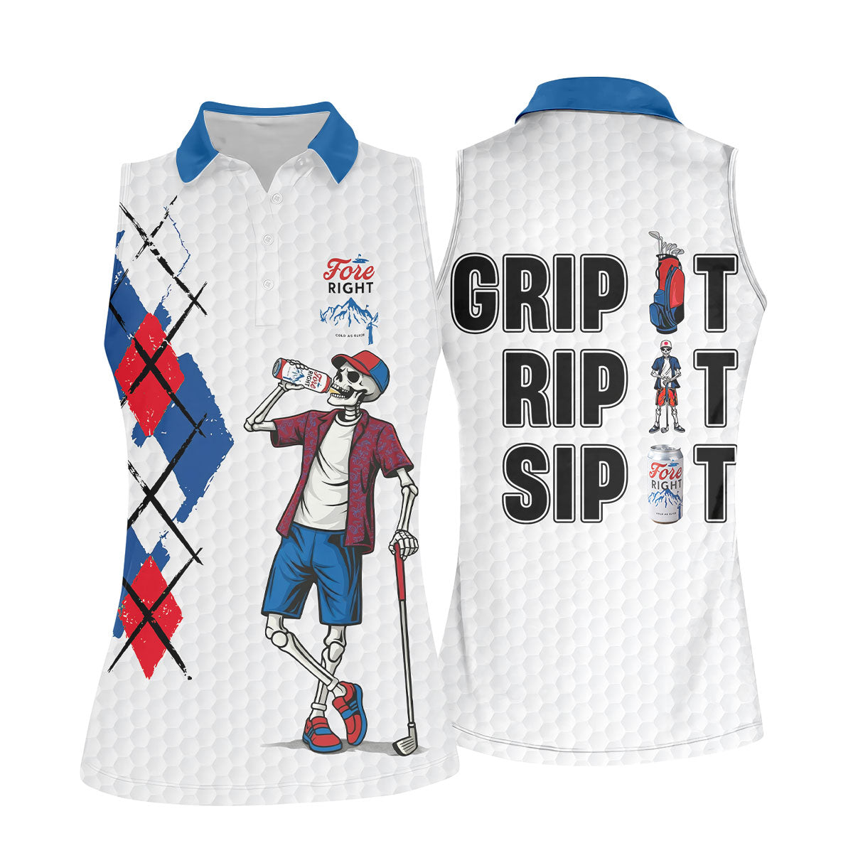 Fore Right Funny Skeleton Golf And Beer Red White  Women's Golf Tops, Ladies Golf Shirts