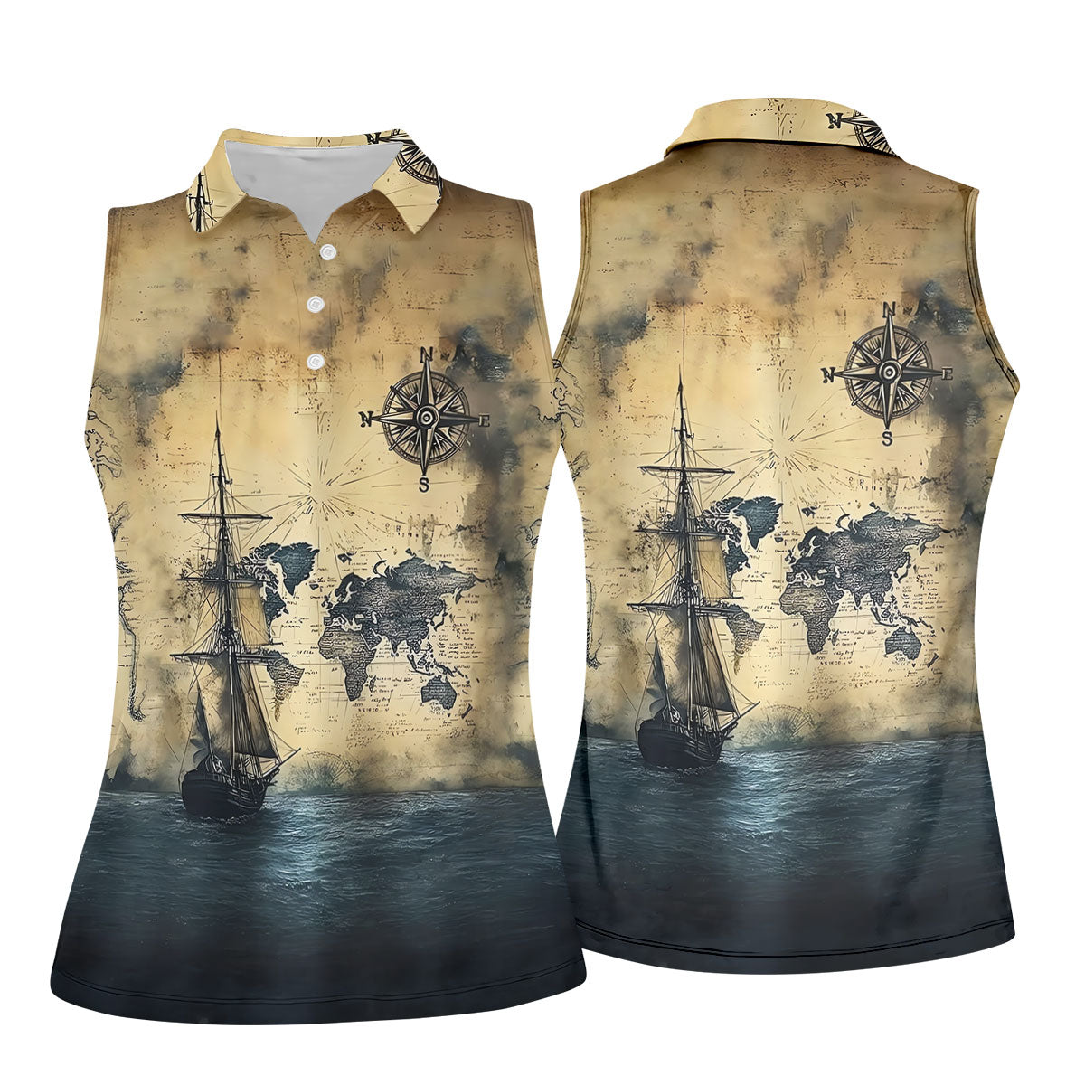 Vintage Ship Map Compass Ocean Golf Shirt, Golf Tops For Women, Women’s Golf Apparel