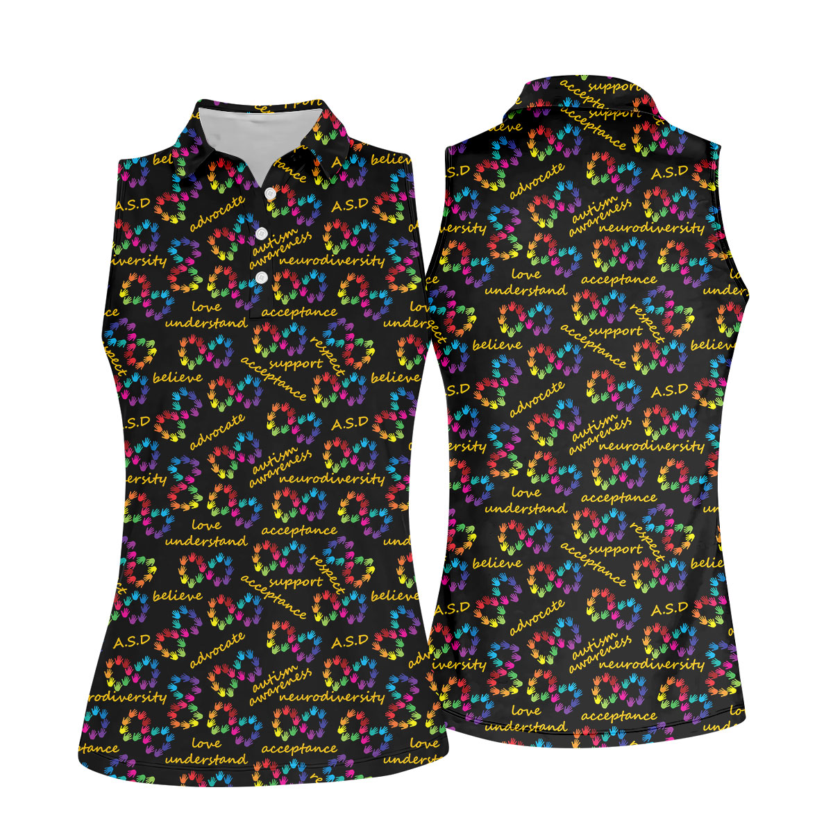 Rainbow Infinity Symbol Autism Awareness Colorful Handprint Women's Golf Tops, Ladies Golf Shirts