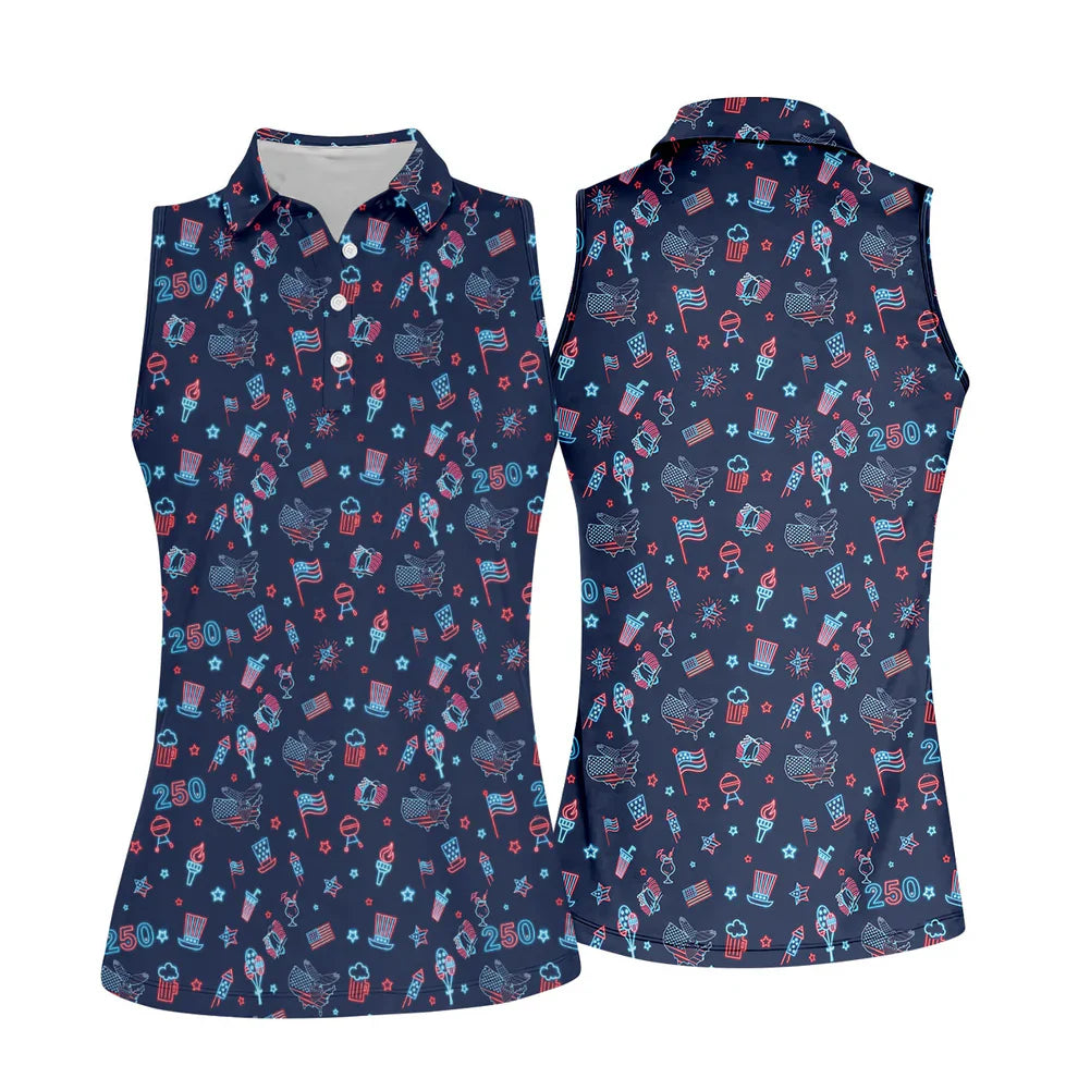 250th Anniversary Doodle Style Neon Pattern Ladies Golf Tops, Patriotic 4th Of July Golf Shirt For Women