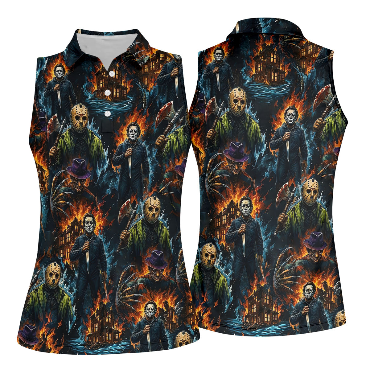 Horror Character Fire Collage Halloween Polo Shirt, Women’s Golf Polo, Golf Tops For Women