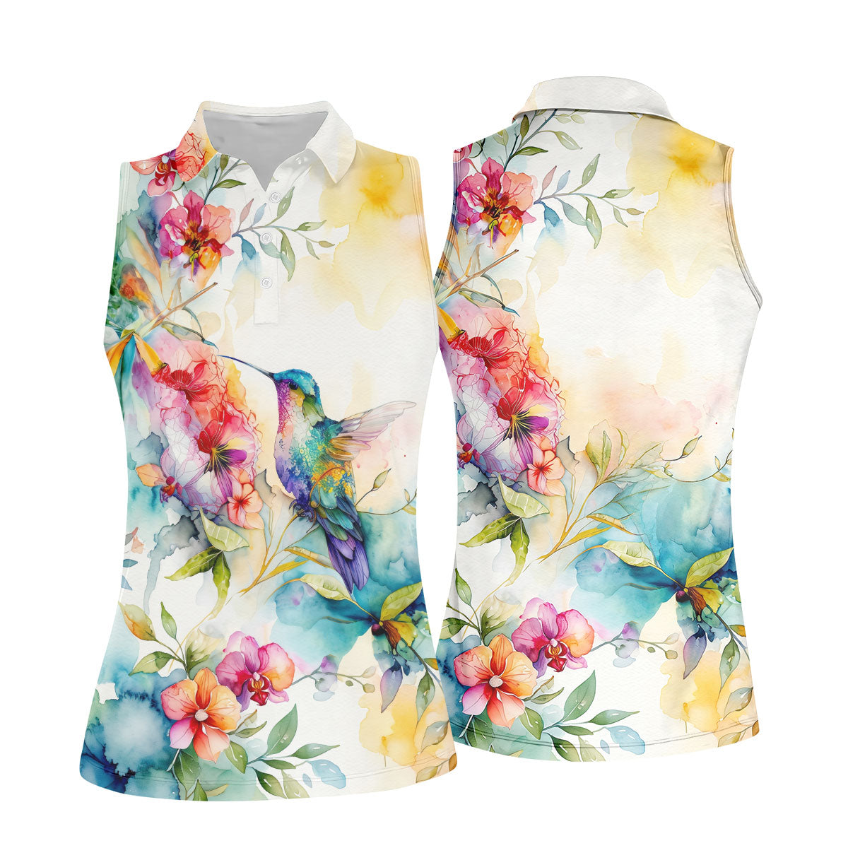 Watercolor Hummingbird Floral Polo Shirt, Ladies Golf Shirts, Women’s Golf Apparel