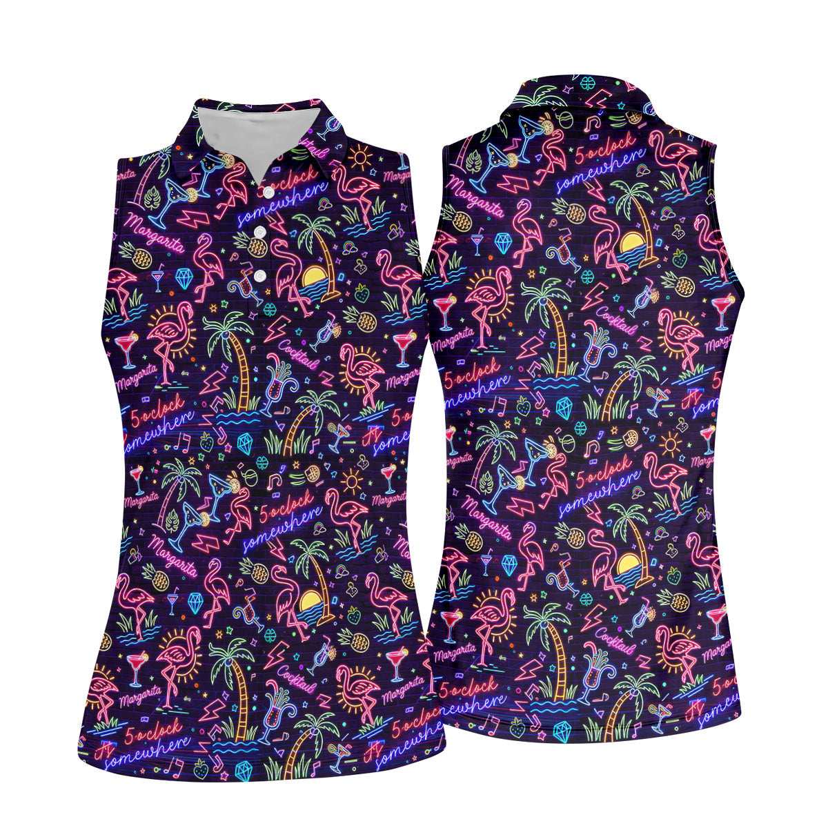 Tropical Theme Neon Pattern Black Golf Shirt, Women's Golf Tops, Golf Shirt For Women, Ladies Golf Shirts