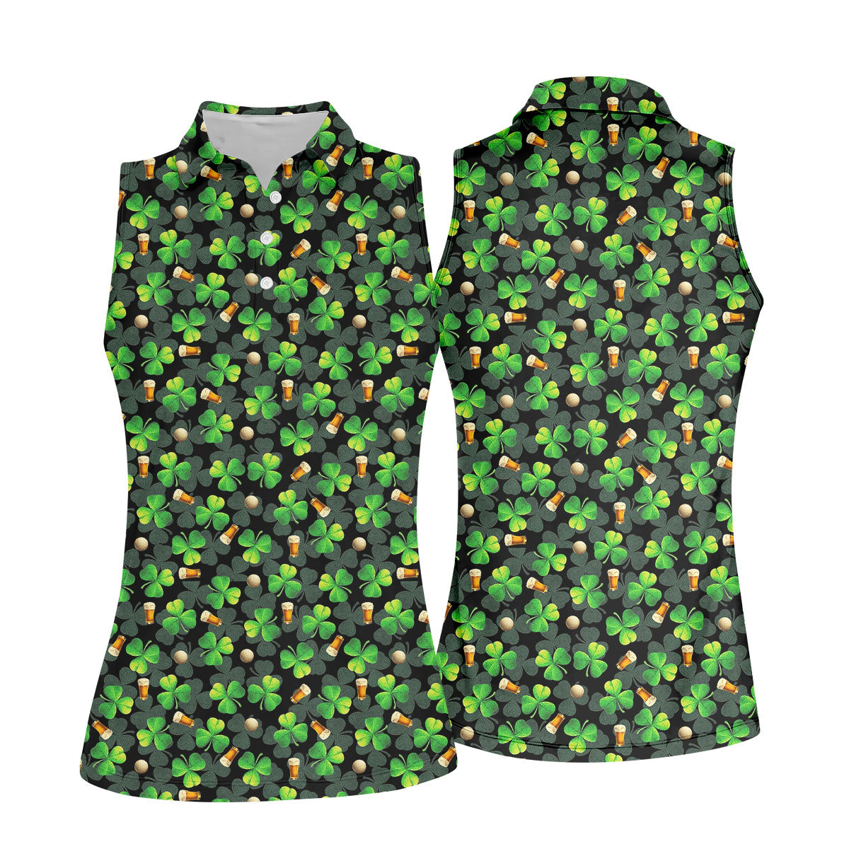 St Patrick's Day Beer Golf Ball Pattern Shamrock Golf Shirt, Women's Golf Tops, Ladies Golf Polos