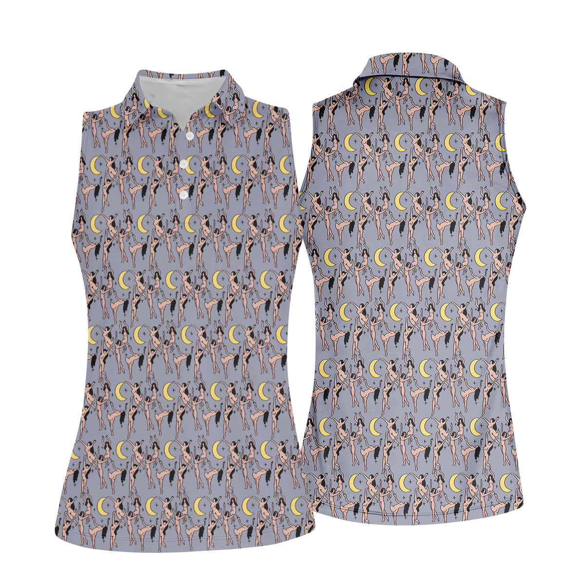 Dancing Figures Moon And Stars Pattern Polo Shirt, Womens Golf Tops, Golf Shirts For Women