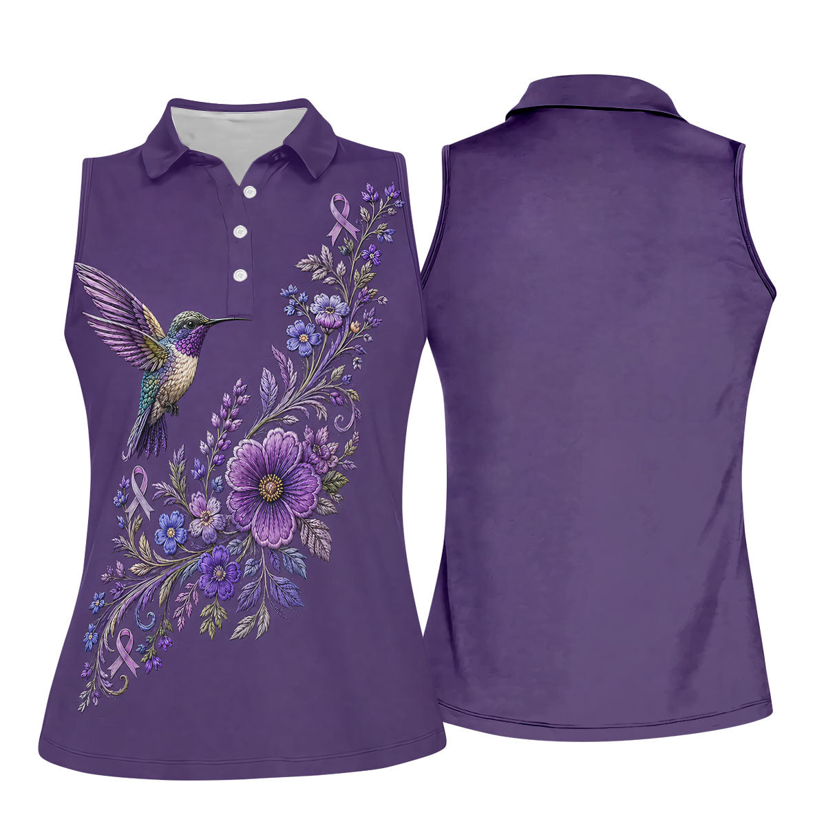 Cancer Awareness Purple Ribbon Floral Polo Shirt, Womens Golf Polo, Golf Shirts For Women