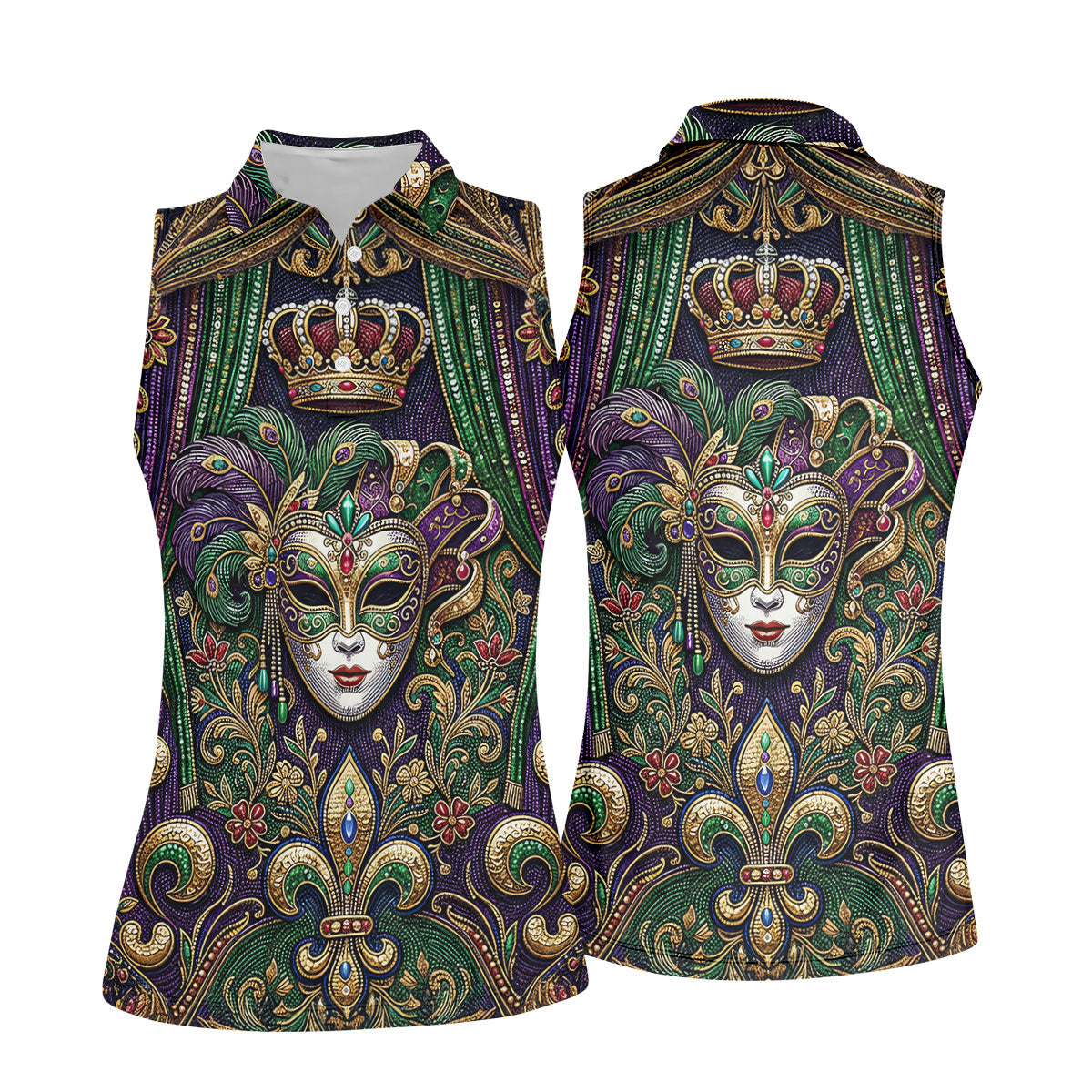 Fleur De Lis Floral Crown Mardi Gras Mask Print Women's Golf Tops, Ladies Golf Shirts, Ladies Golf Polos