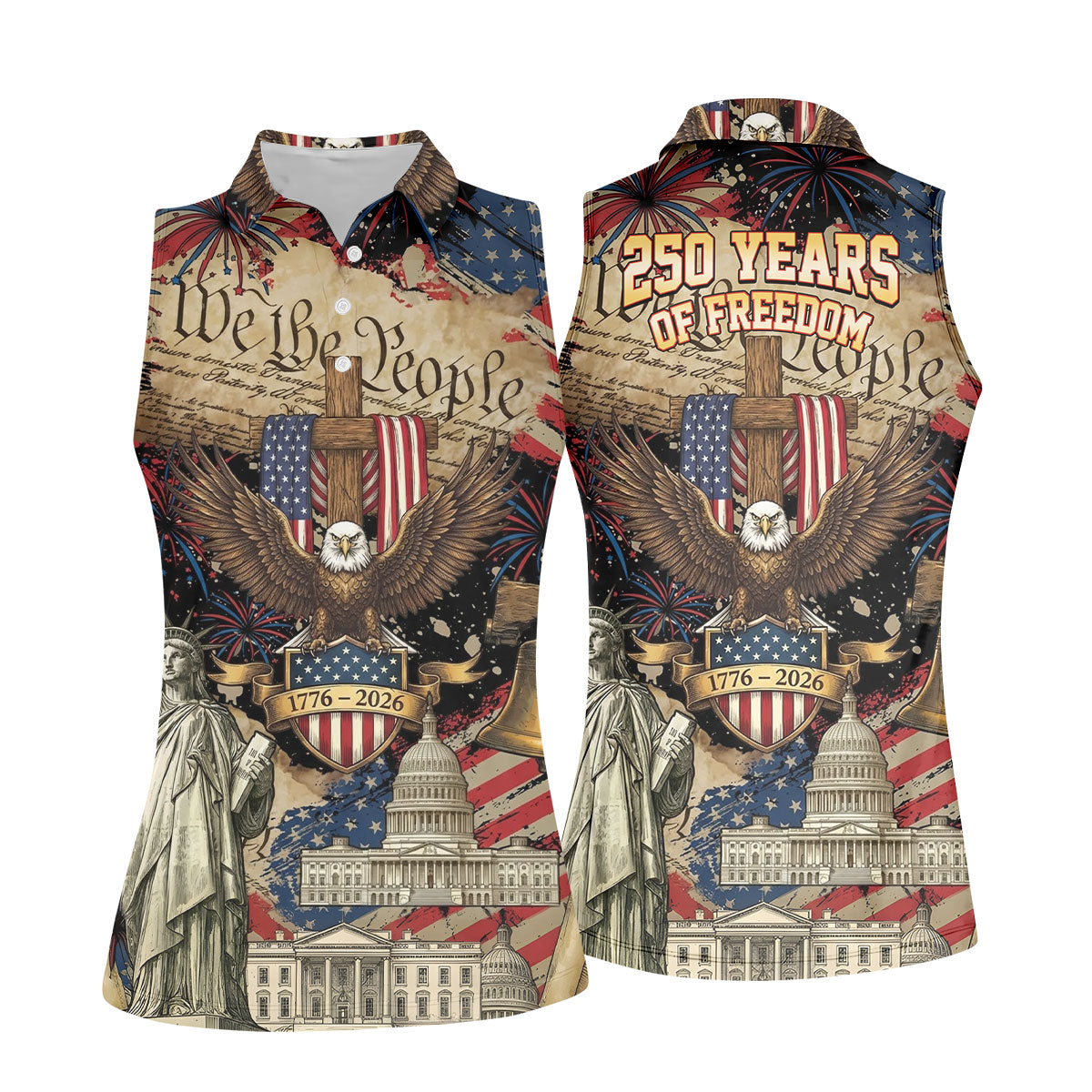 Patriotic Eagle Statue Of Liberty We The People 250 Years Ladies Golf Tops, 4th Of July Golf Shirt For Women