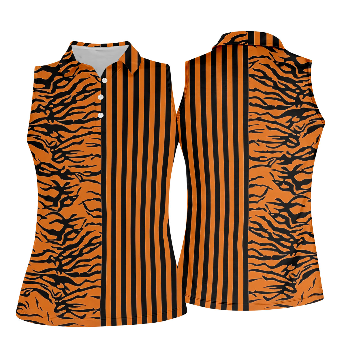 Orange Tiger Stripe Split Pattern Golf Shirt, Women's Golf Tops, Ladies Golf Shirts, Printed Golf Shirt