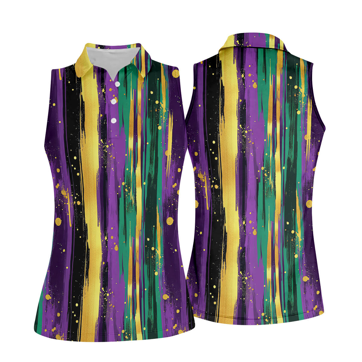 Green Purple Gold Splatter Effect Mardi Gras Golf Shirt, Women's Golf Tops, Ladies Golf Polos