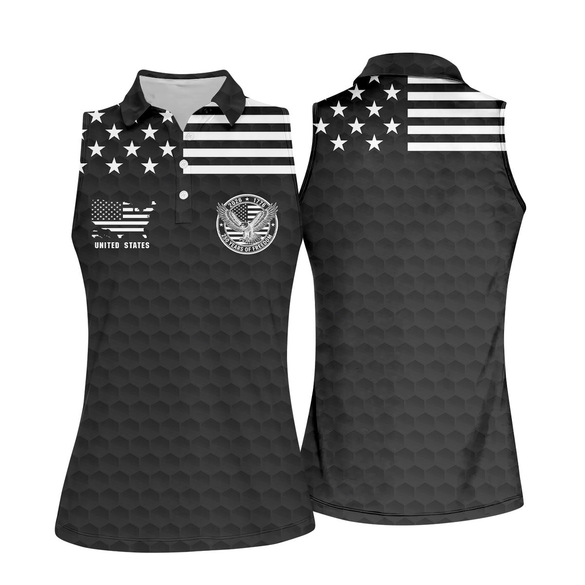 250 Years Of Freedom Golf Ball Pattern Black Golf Shirt, 4th Of July Patriotic Golf Shirt For Women