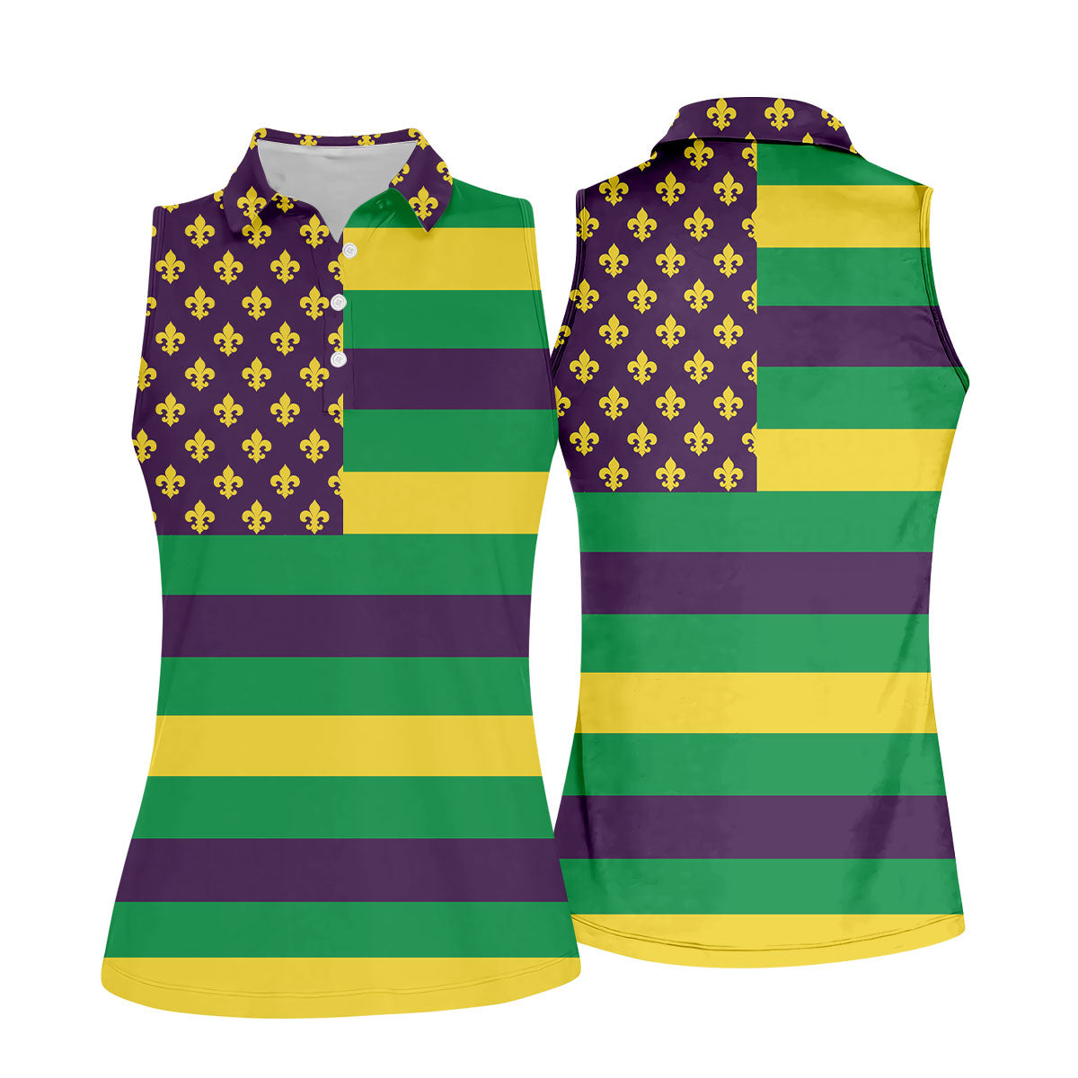 Mardi Gras Flags Fleur De Lis Purple Green Gold Ladies Golf Tops, Women's Golf Tops, Ladies Golf Polos
