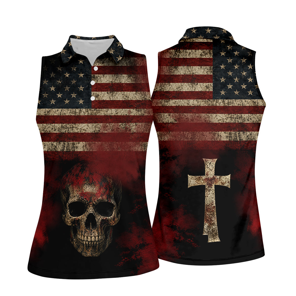 Cool Skull Faith Cross Distressed US Flag 4th Of July Golf Shirt, 250 Years Golf Shirt For Women